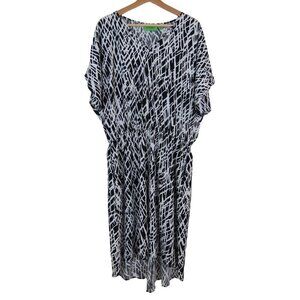LOGO Lori Goldstein Women's Black White Crosshatch Kimono Sleeve Midi Dress L